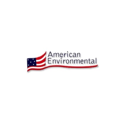 Logo of American Environmental with a red, white, and blue design on a white background