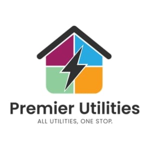 Logo of Premier Utilities with a colorful house and lightning bolt design on a white background.