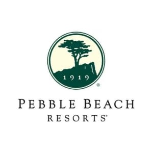 Pebble Beach Resorts logo with a green tree and mountain on a white background