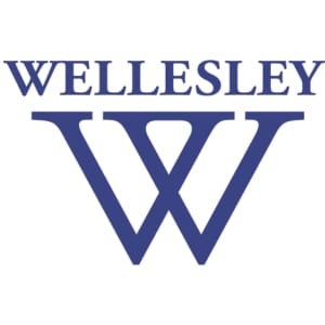 Wellesley logo with a large blue 'W' on a white background