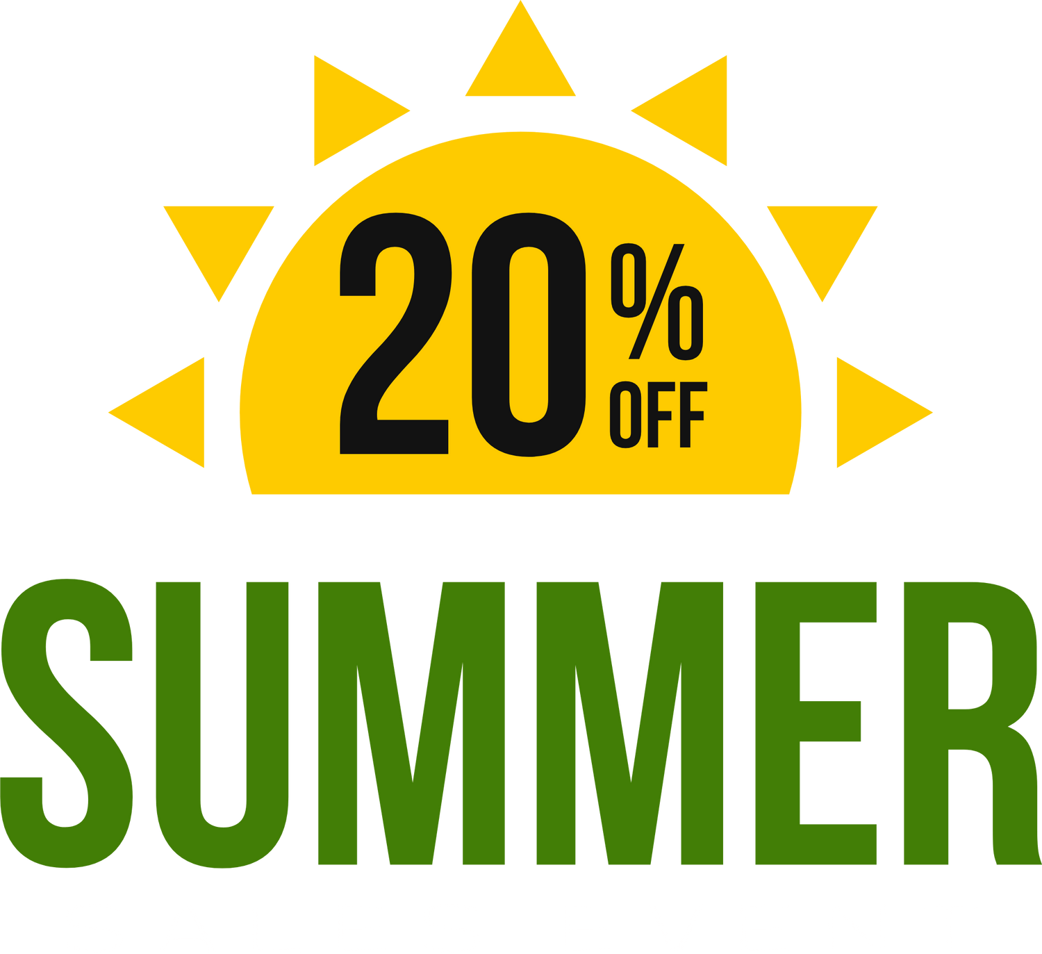 A promotional graphic with a yellow sun with the text '20% OFF' in black and 'SUMMER' in green.