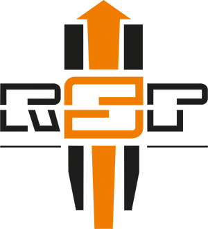 Logo with orange and black design on a green background
