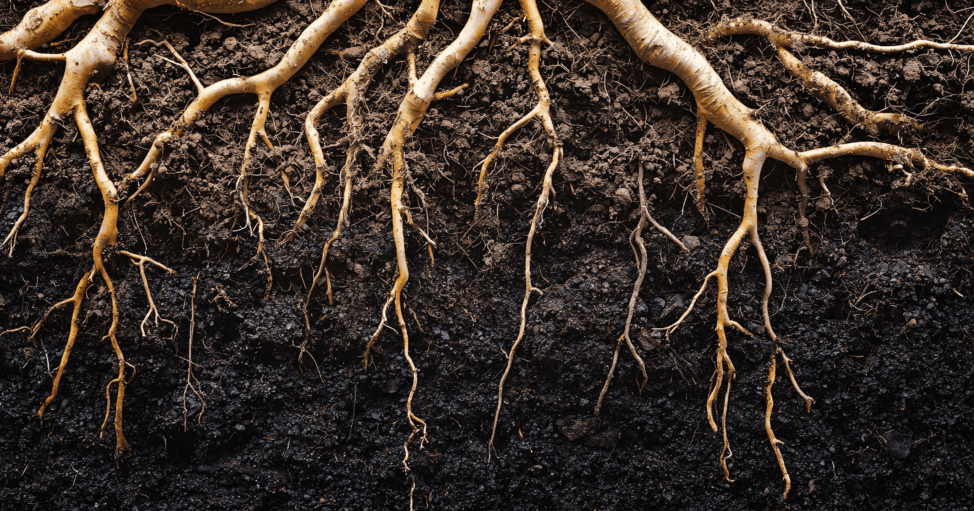 Close-up of plant roots in dark soil