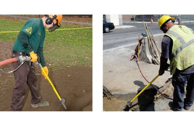 Two workers using an AirSpade on different jobsites.