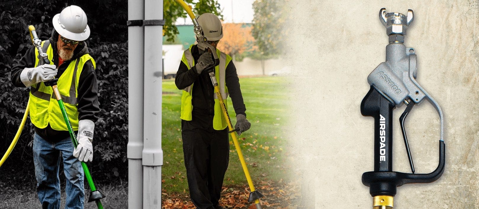 Person using a leaf blower, another person with a rake, and an airless paint sprayer on a textured background.