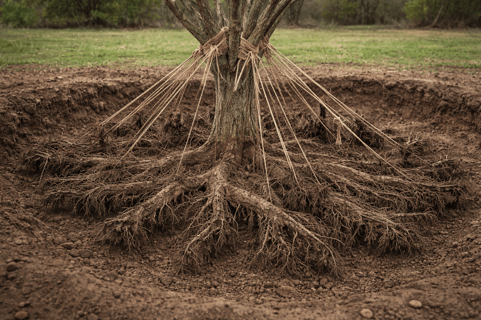 Tree with exposed roots in a dug-up area