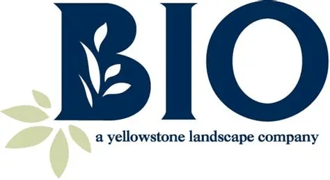 Logo of BIO, a Yellowstone landscape company, with blue 'BIO' letters and green leaves on a white background.