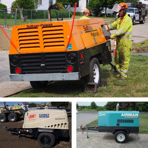 Collage of three different portable compressors with workers in a construction setting.
