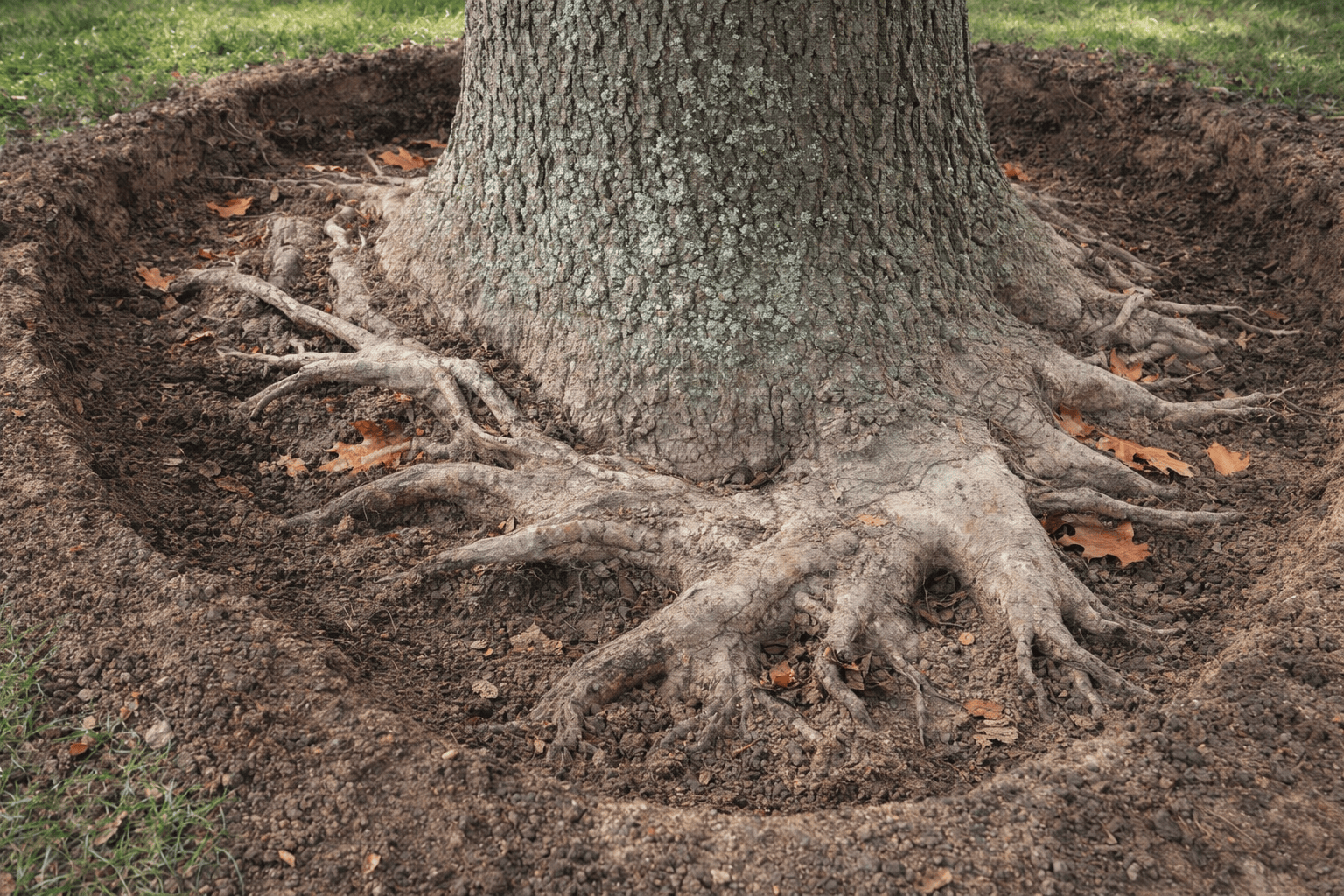 Tree trunk with extensive root system in a circular excavation