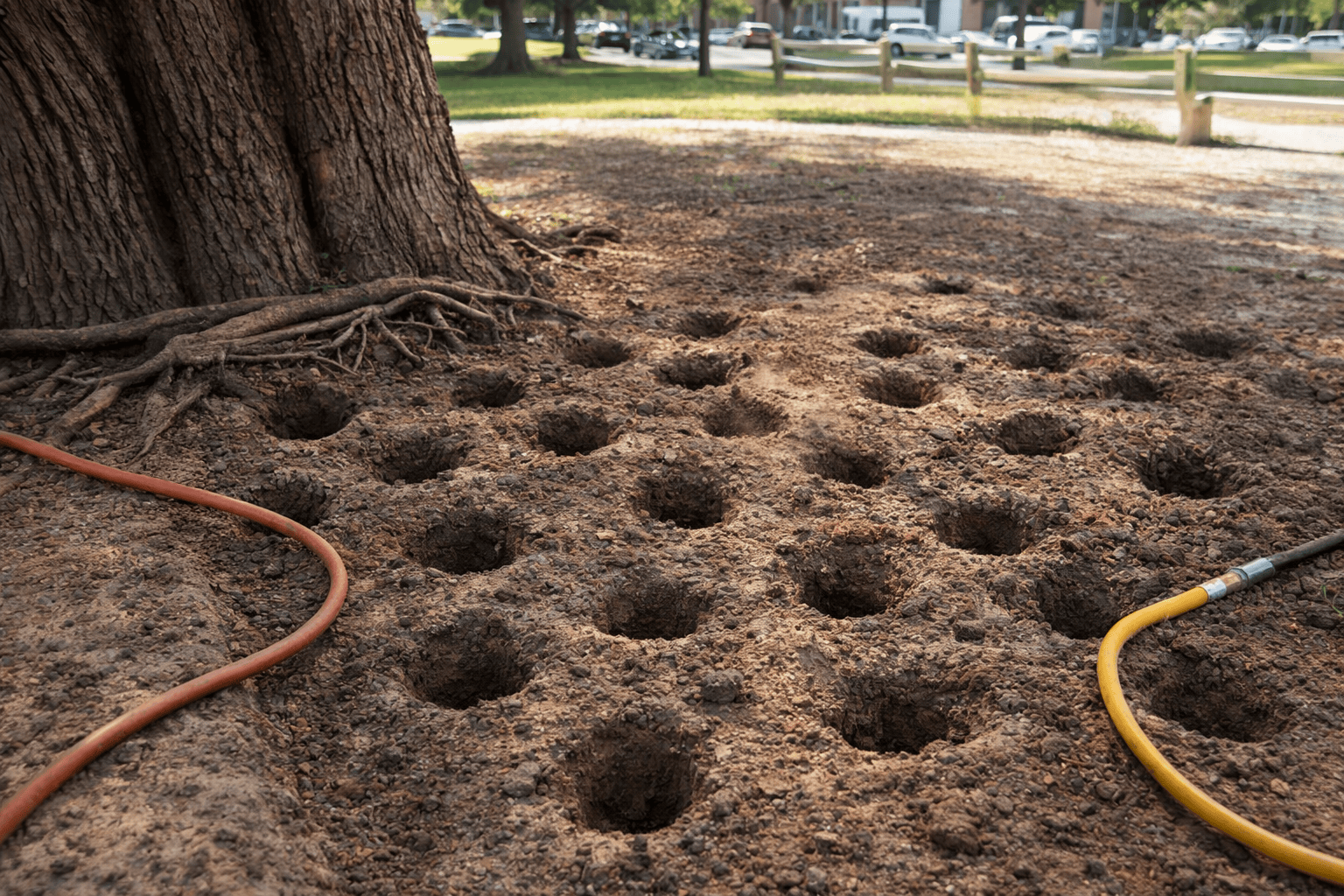 Prepared soil with vertical mulching holes, surrounded by tree roots and garden hoses.